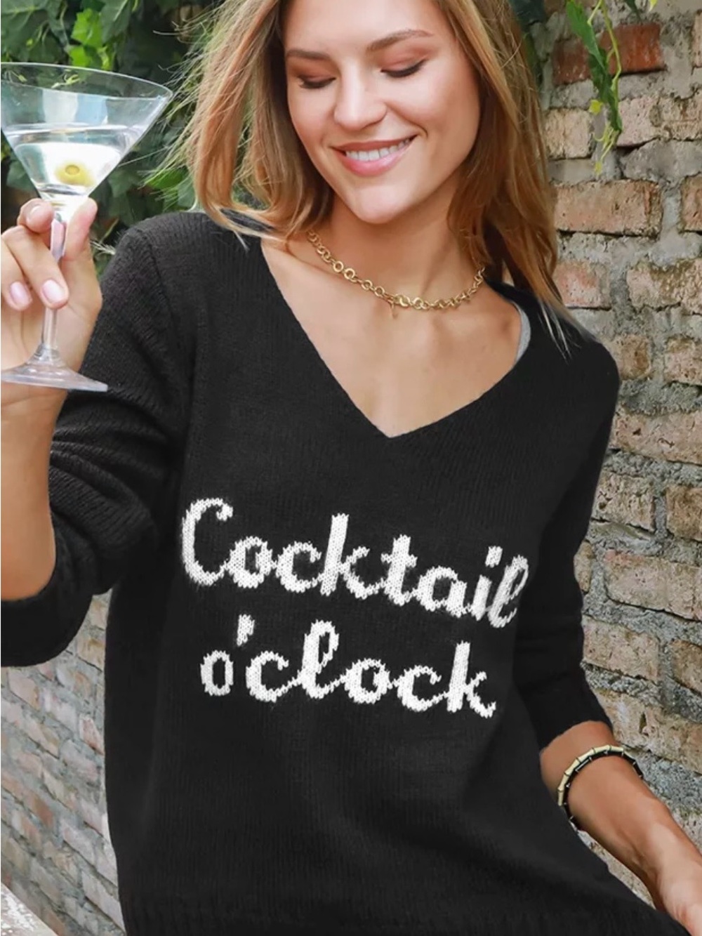 Wooden Ships/‘Cocktail o’ clock’/Black V-Neck Women's Long Sleeved Sweater/NWOT!